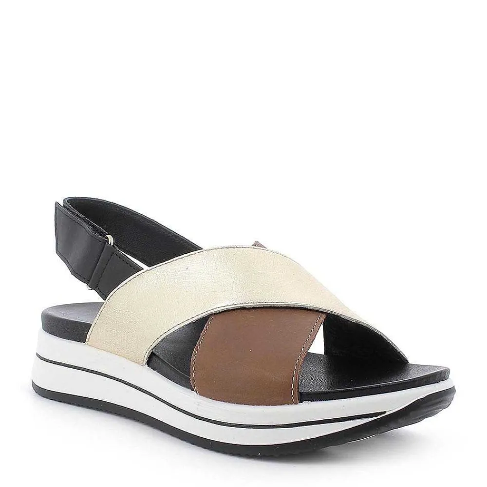 Sandali E Infradito|Igi&Co Sandalo Fasce Incrociate In Pelle Marrone Chiaro E Pelle Laminata Platino