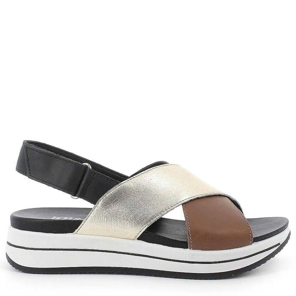Sandali E Infradito|Igi&Co Sandalo Fasce Incrociate In Pelle Marrone Chiaro E Pelle Laminata Platino