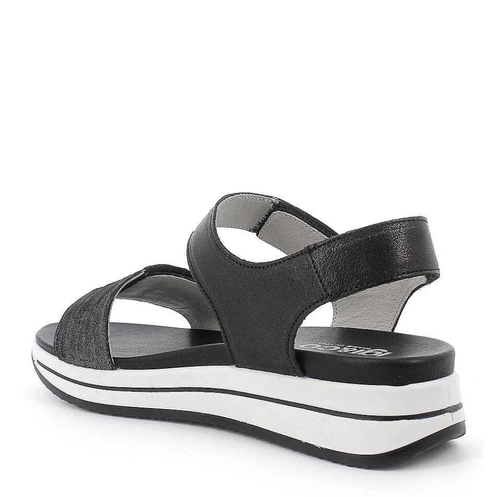 Sandali E Infradito|Igi&Co Sandalo Tre Velcri In Pelle Stampata Laminata Grigio Scuro